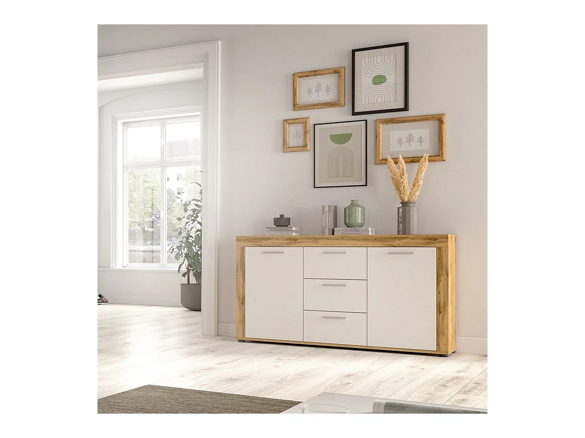 Buffet 2 portes et 3 tiroirs blanc et chêne wotan L125 cm - AOSTA