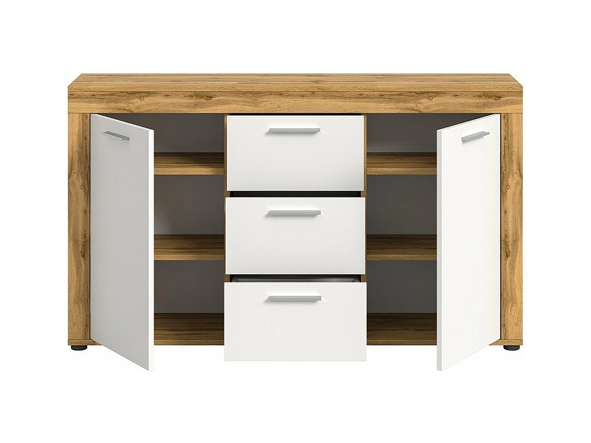 Buffet 2 portes et 3 tiroirs blanc et chêne wotan L125 cm - AOSTA