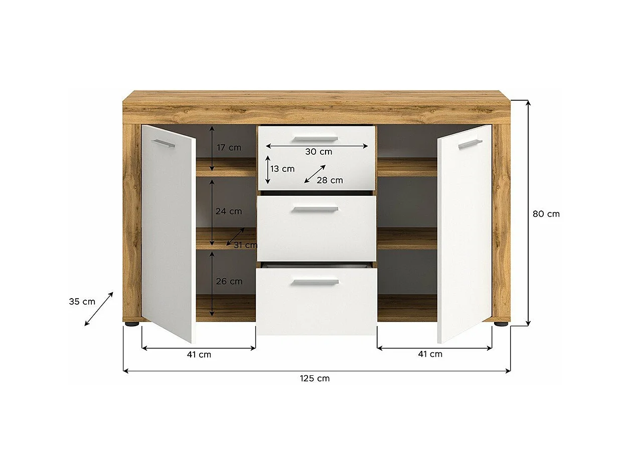 Buffet 2 portes et 3 tiroirs blanc et chêne wotan L125 cm - AOSTA