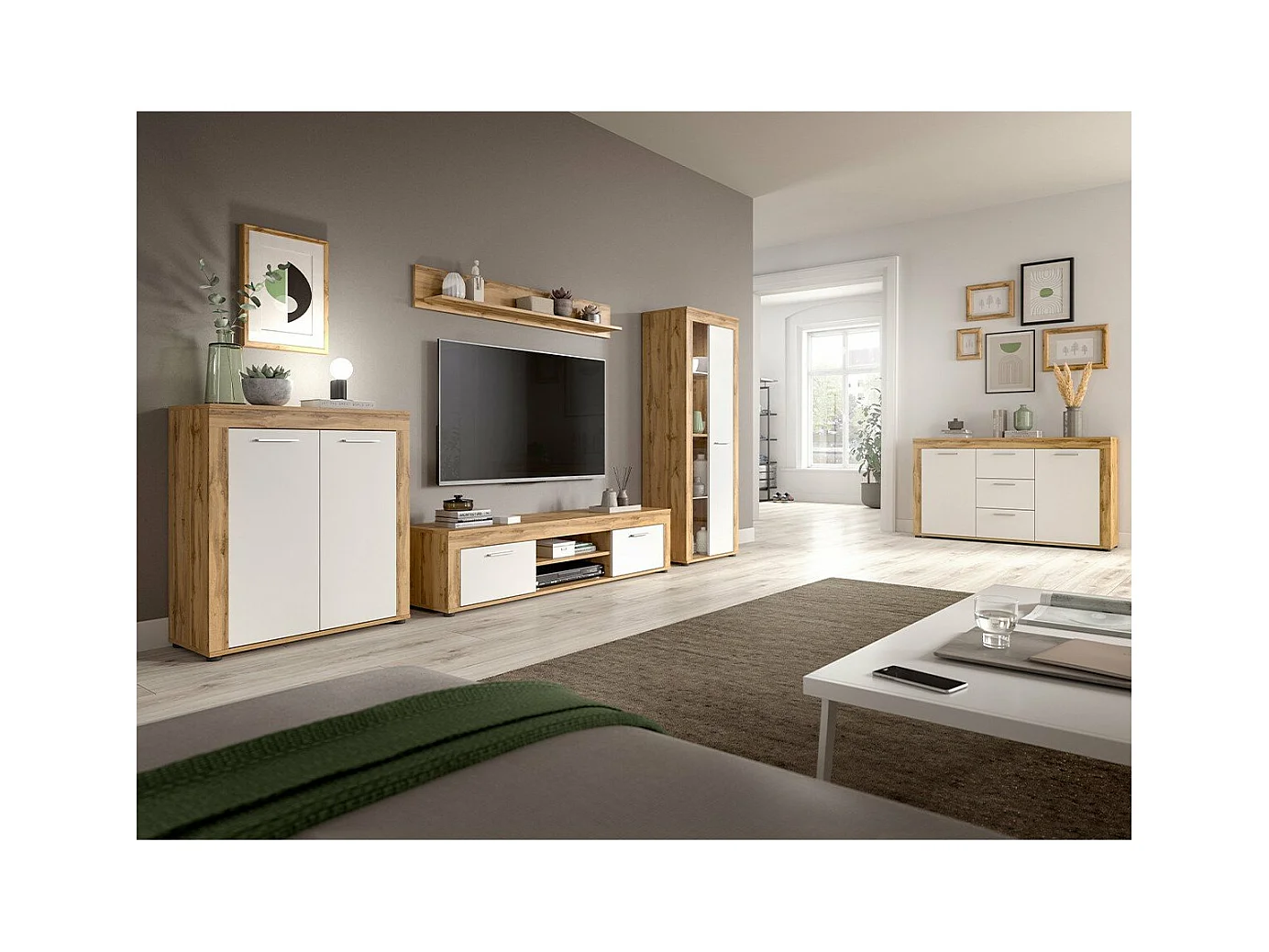 Buffet 2 portes et 3 tiroirs blanc et chêne wotan L125 cm - AOSTA