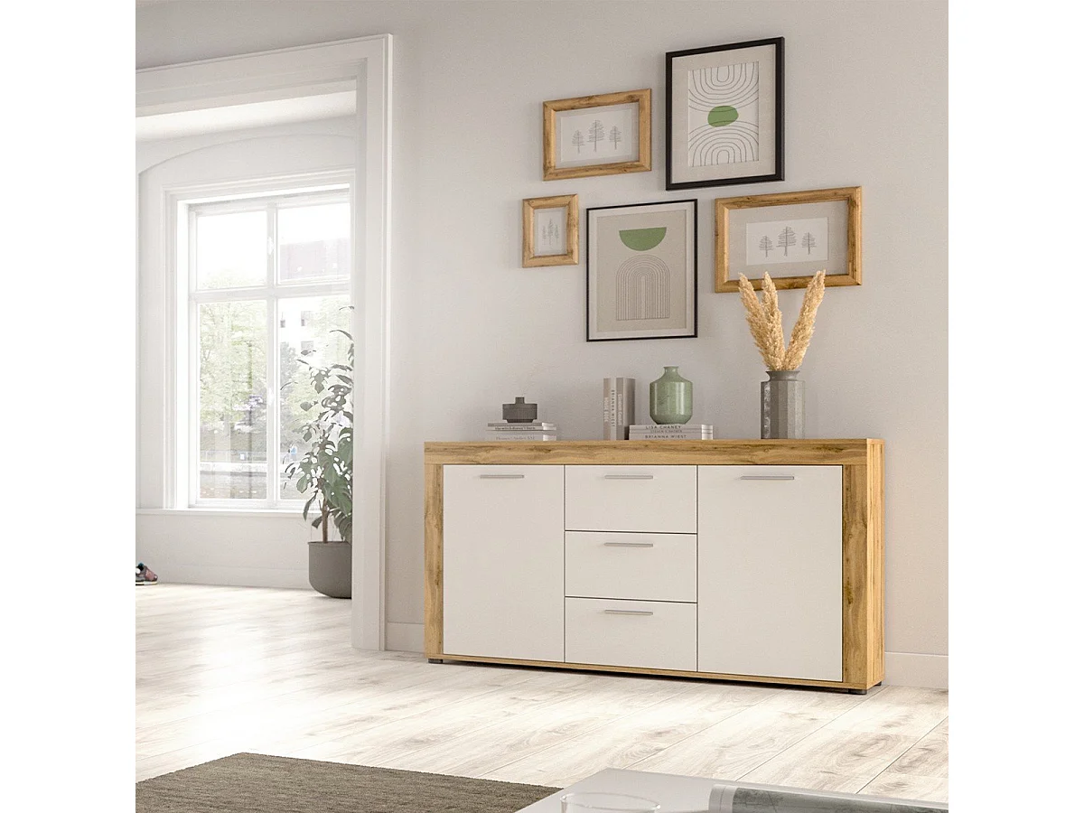 Buffet 2 portes et 3 tiroirs blanc et chêne wotan L125 cm - AOSTA