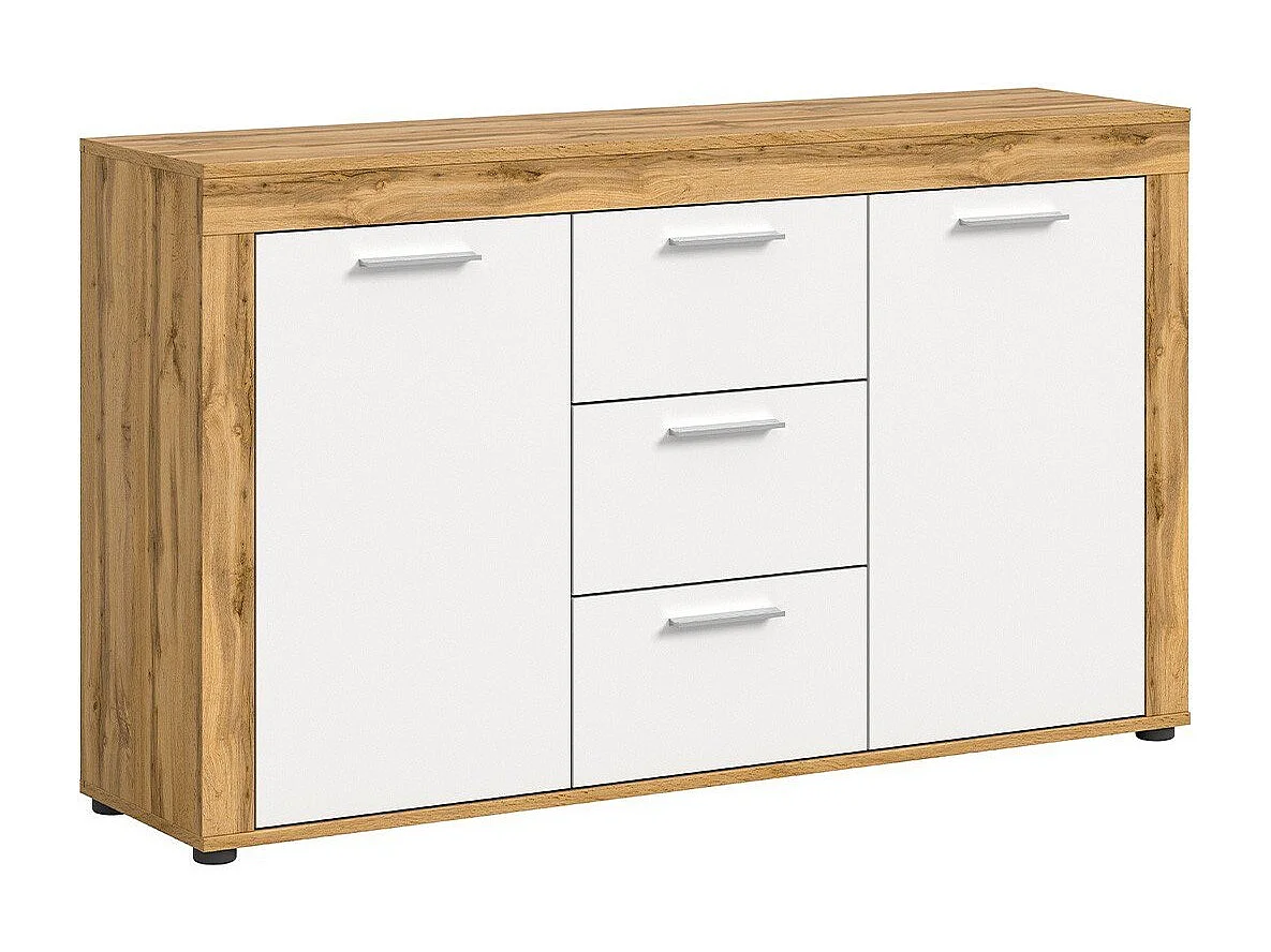 Buffet 2 portes et 3 tiroirs blanc et chêne wotan L125 cm - AOSTA
