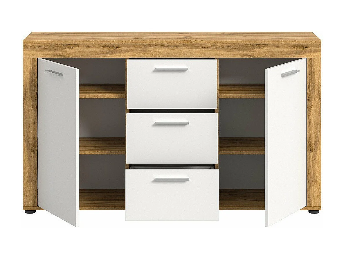 Buffet 2 portes et 3 tiroirs blanc et chêne wotan L125 cm - AOSTA