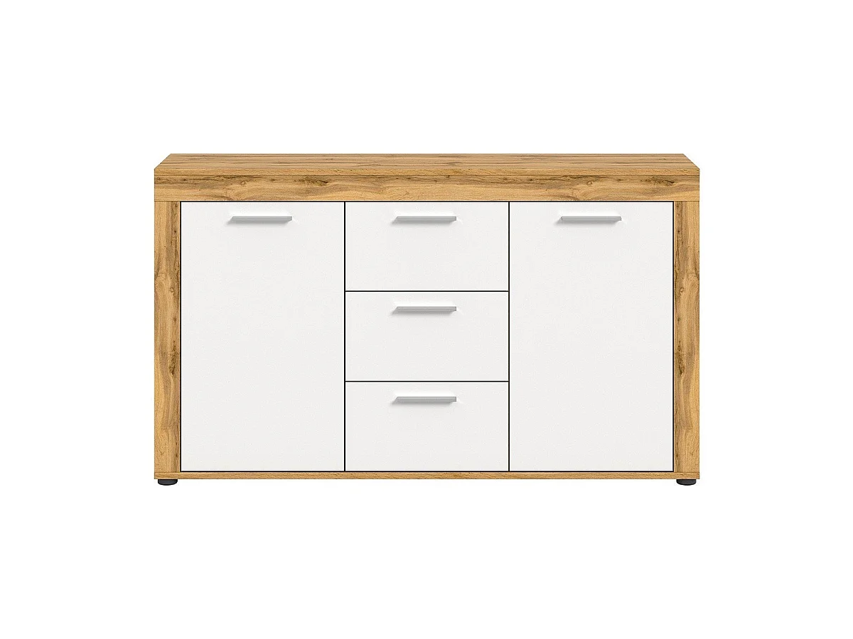 Buffet 2 portes et 3 tiroirs blanc et chêne wotan L125 cm - AOSTA