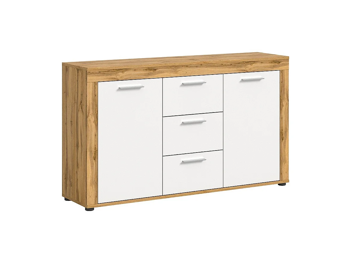 Buffet 2 portes et 3 tiroirs blanc et chêne wotan L125 cm - AOSTA