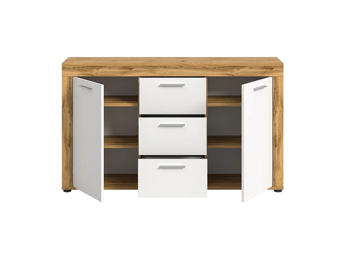 Buffet 2 portes et 3 tiroirs blanc et chêne wotan L125 cm - AOSTA