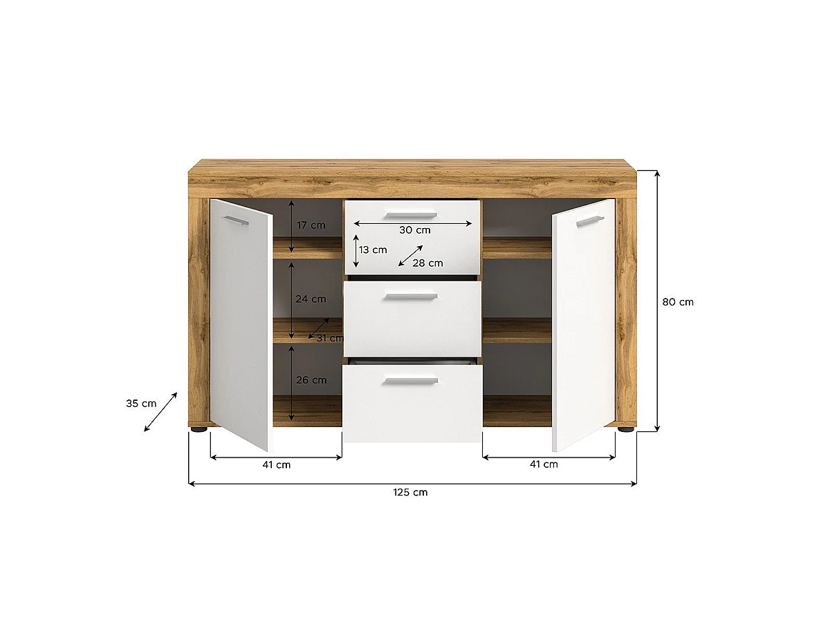 Buffet 2 portes et 3 tiroirs blanc et chêne wotan L125 cm - AOSTA