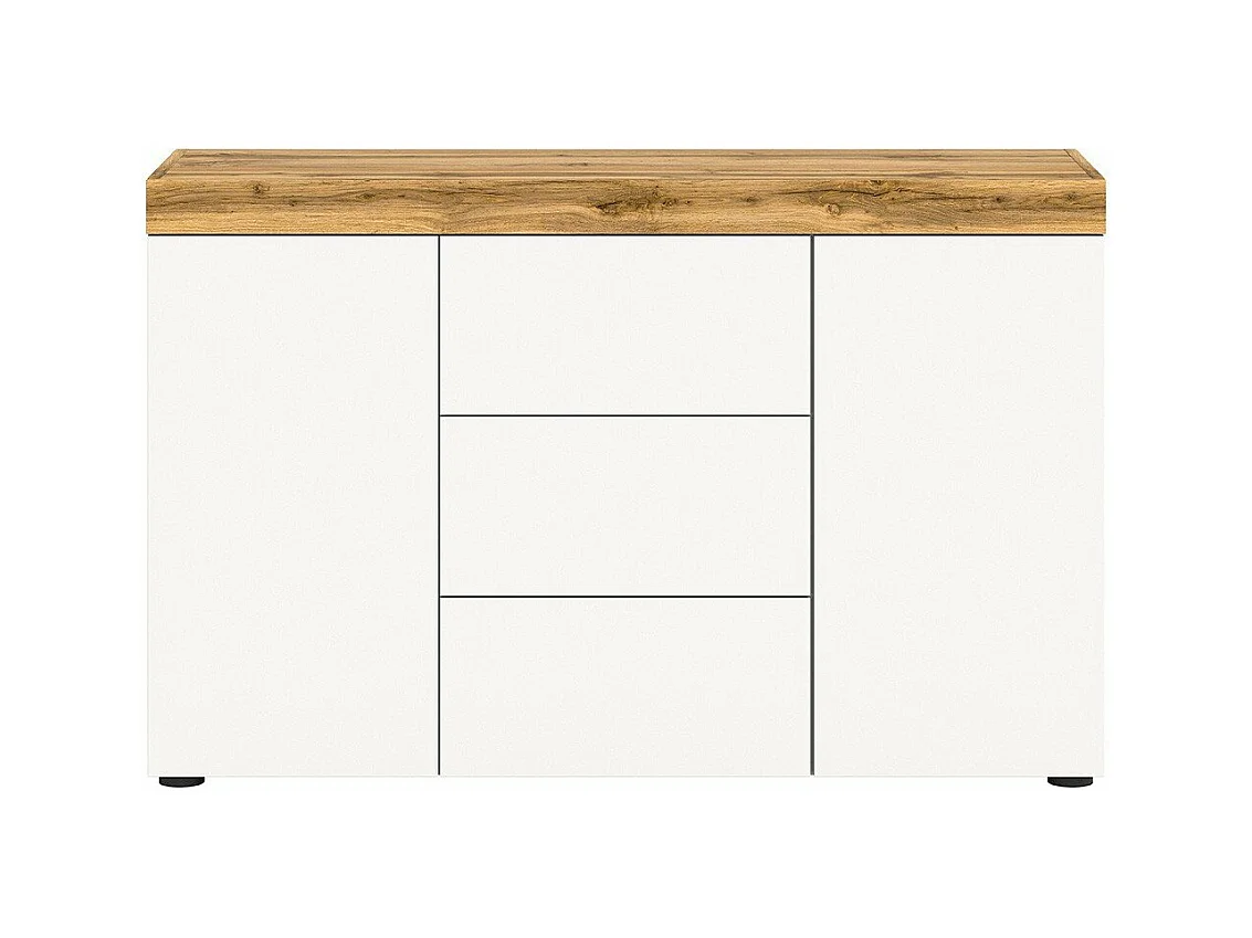 Buffet 2 portes et 3 tiroirs blanc et chêne wotan L125 cm - MALIBU