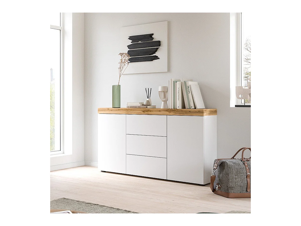Buffet 2 portes et 3 tiroirs blanc et chêne wotan L125 cm - MALIBU