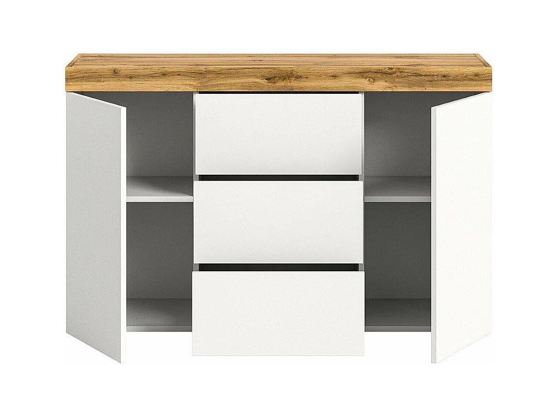 Buffet 2 portes et 3 tiroirs blanc et chêne wotan L125 cm - MALIBU