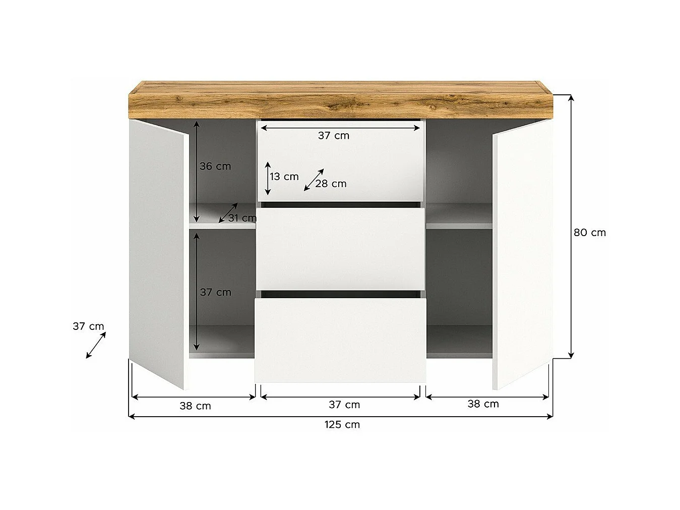 Buffet 2 portes et 3 tiroirs blanc et chêne wotan L125 cm - MALIBU