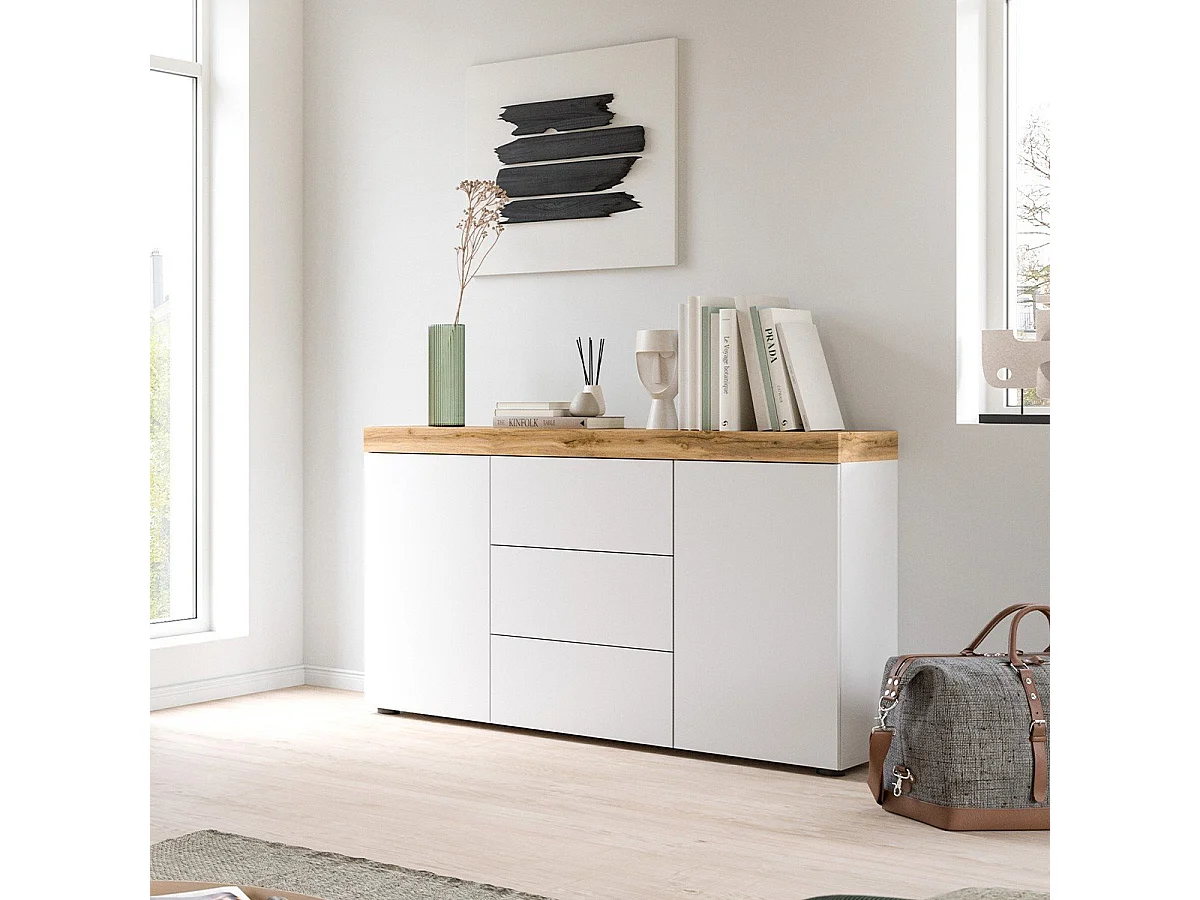 Buffet 2 portes et 3 tiroirs blanc et chêne wotan L125 cm - MALIBU
