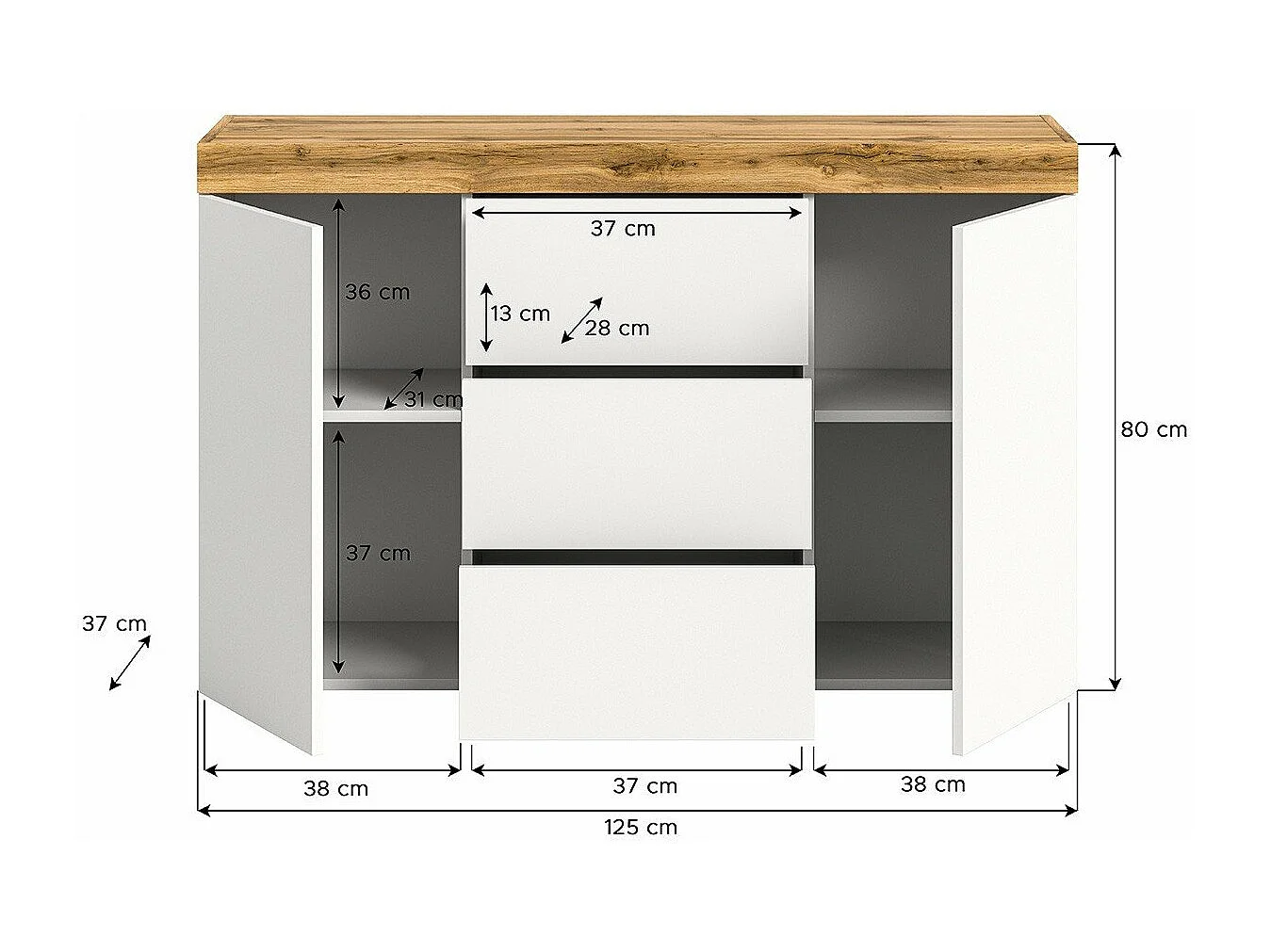 Buffet 2 portes et 3 tiroirs blanc et chêne wotan L125 cm - MALIBU