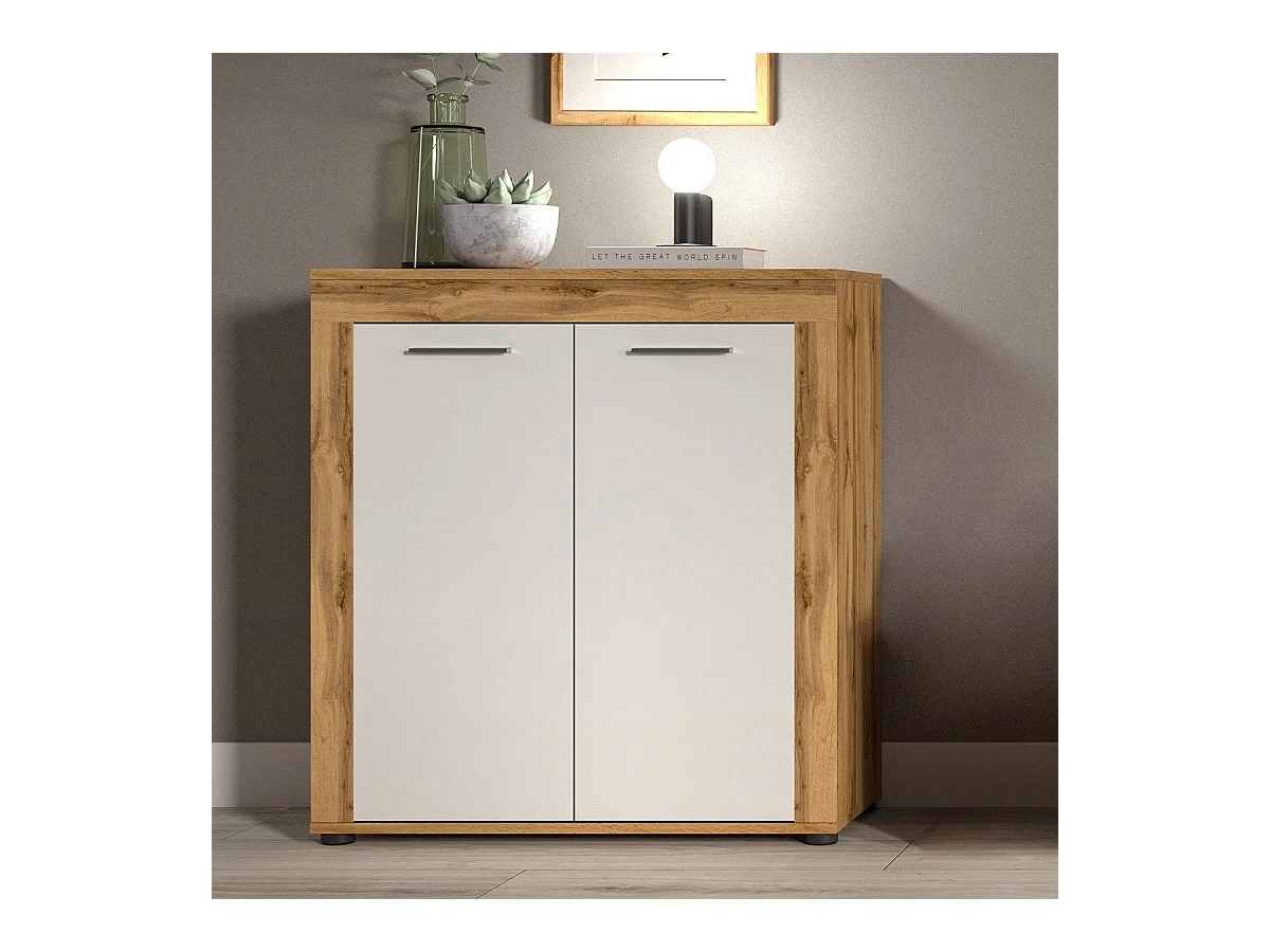 Buffet haut 2 portes blanc et chêne wotan L80 cm - AOSTA