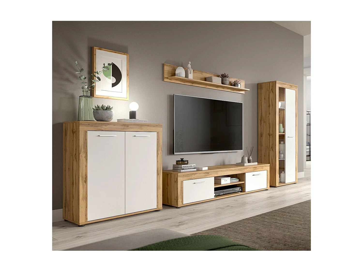 Buffet haut 2 portes blanc et chêne wotan L80 cm - AOSTA