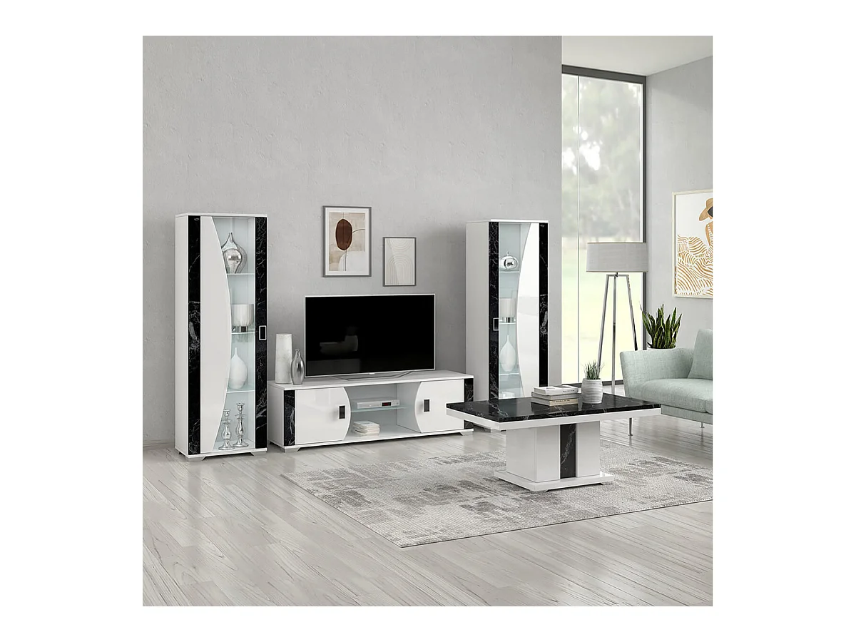 ARIANE - Ensemble Salon Table Basse + Meuble TV + Vitrines 1 Porte Eclairage Led intégré