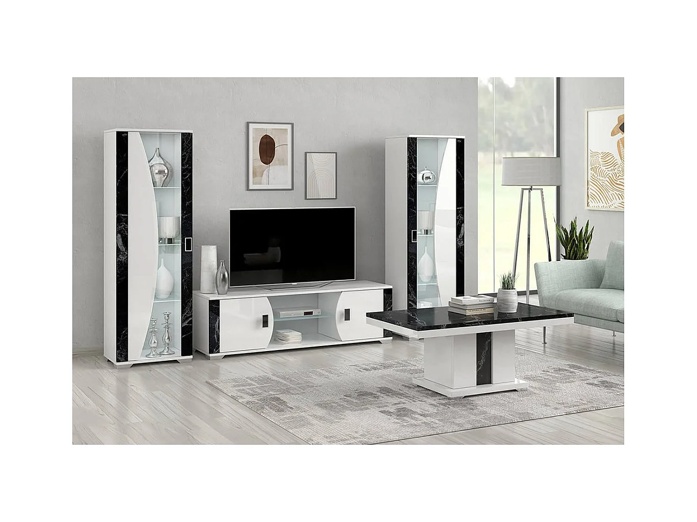 ARIANE - Ensemble Salon Table Basse + Meuble TV + Vitrines 1 Porte Eclairage Led intégré