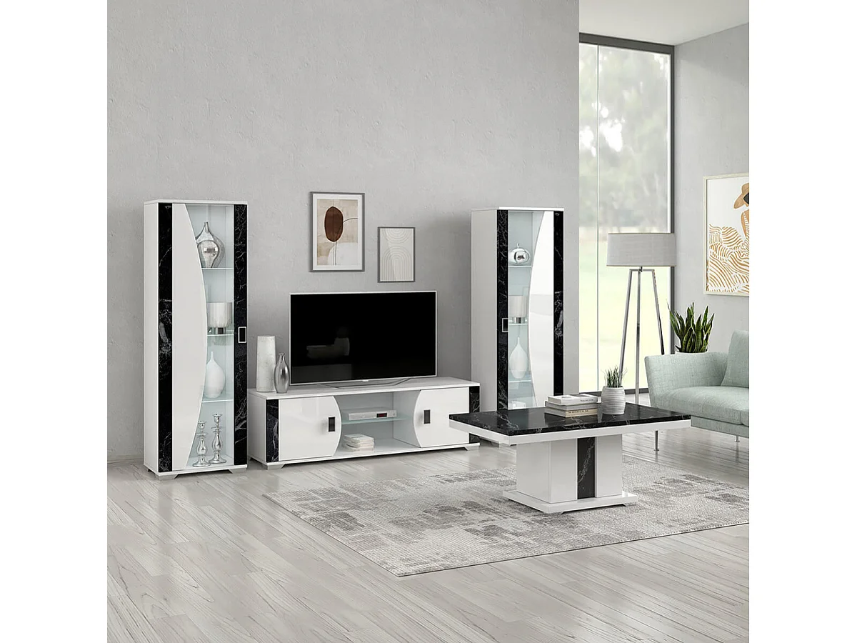 ARIANE - Ensemble Salon Table Basse + Meuble TV + Vitrines 1 Porte Eclairage Led intégré