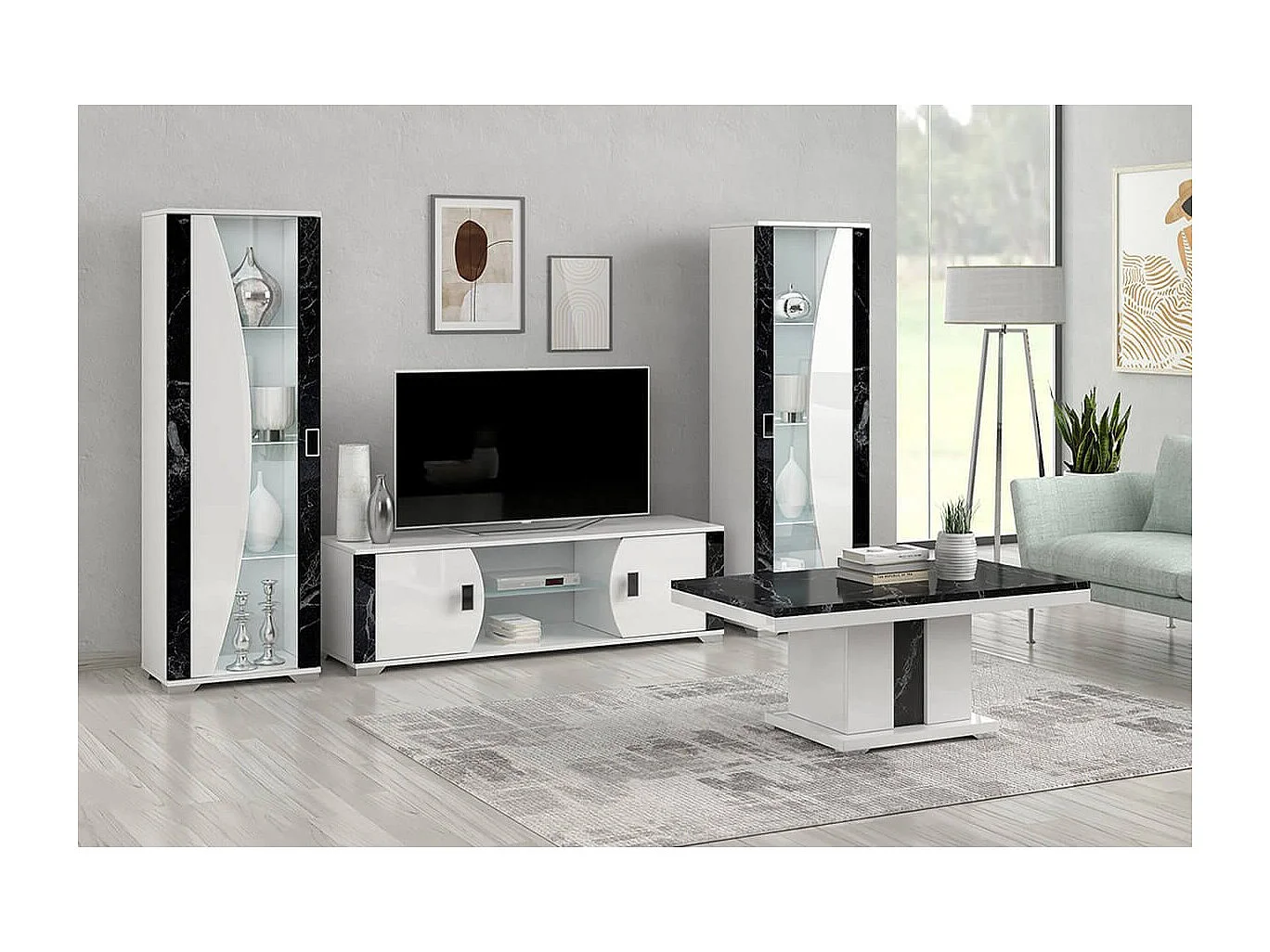 ARIANE - Ensemble Salon Table Basse + Meuble TV + Vitrines 1 Porte Eclairage Led intégré