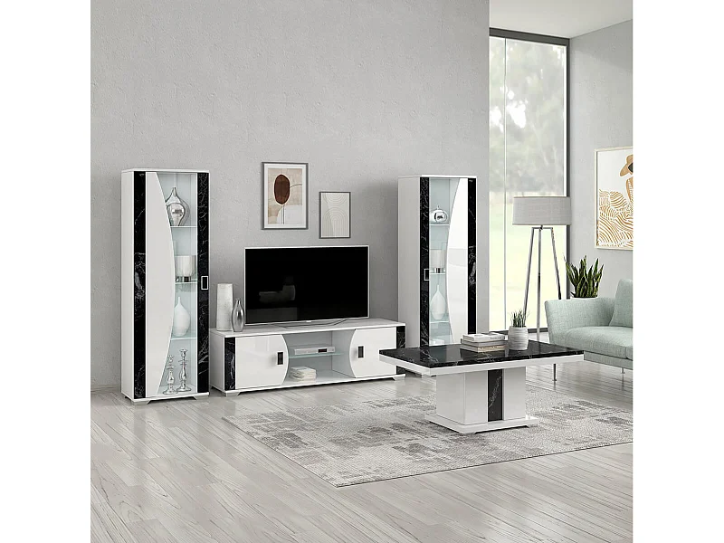 ARIANE - Ensemble Salon Table Basse + Meuble TV + Vitrines 1 Porte Eclairage Led intégré