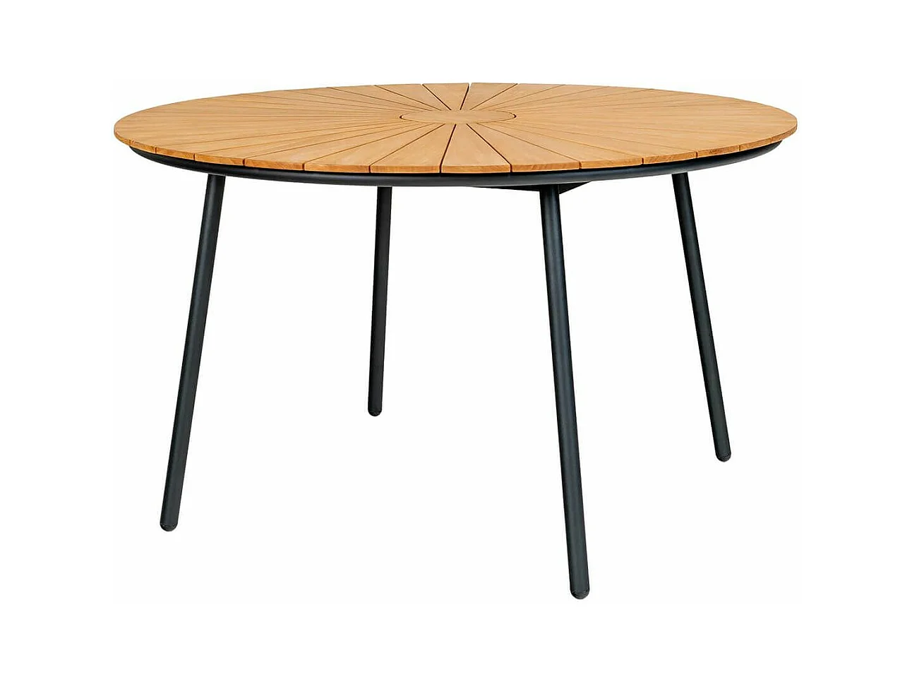 Table de jardin ronde 130cm plateau en lames de teck et pieds métal noir - KARRIGE