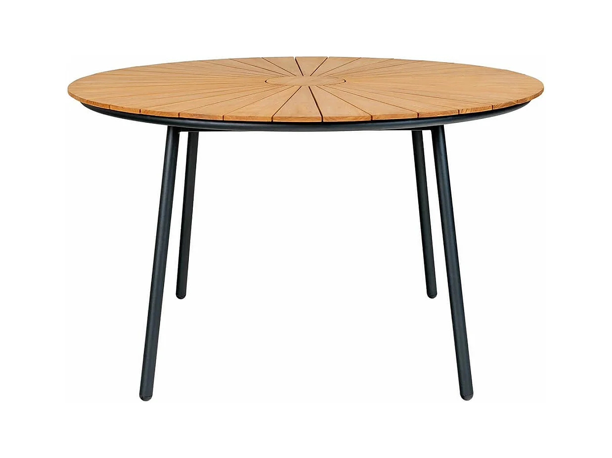 Table de jardin ronde 130cm plateau en lames de teck et pieds métal noir - KARRIGE