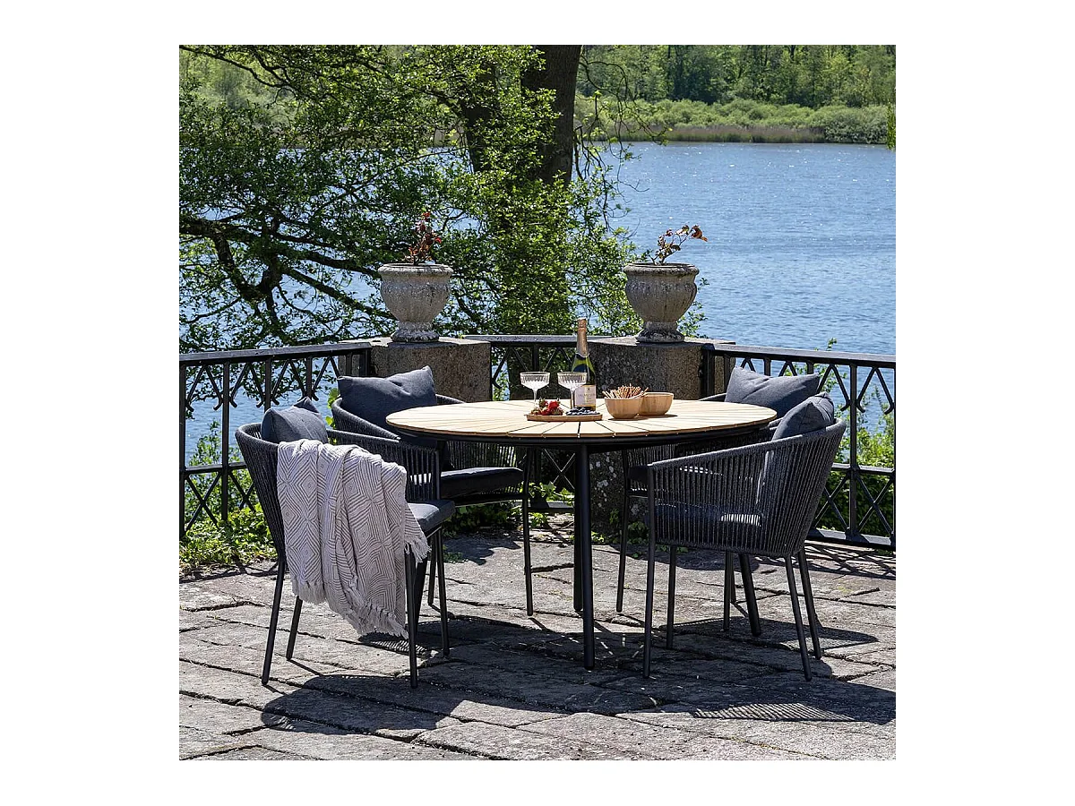 Table de jardin ronde 130cm plateau en lames de teck et pieds métal noir - KARRIGE