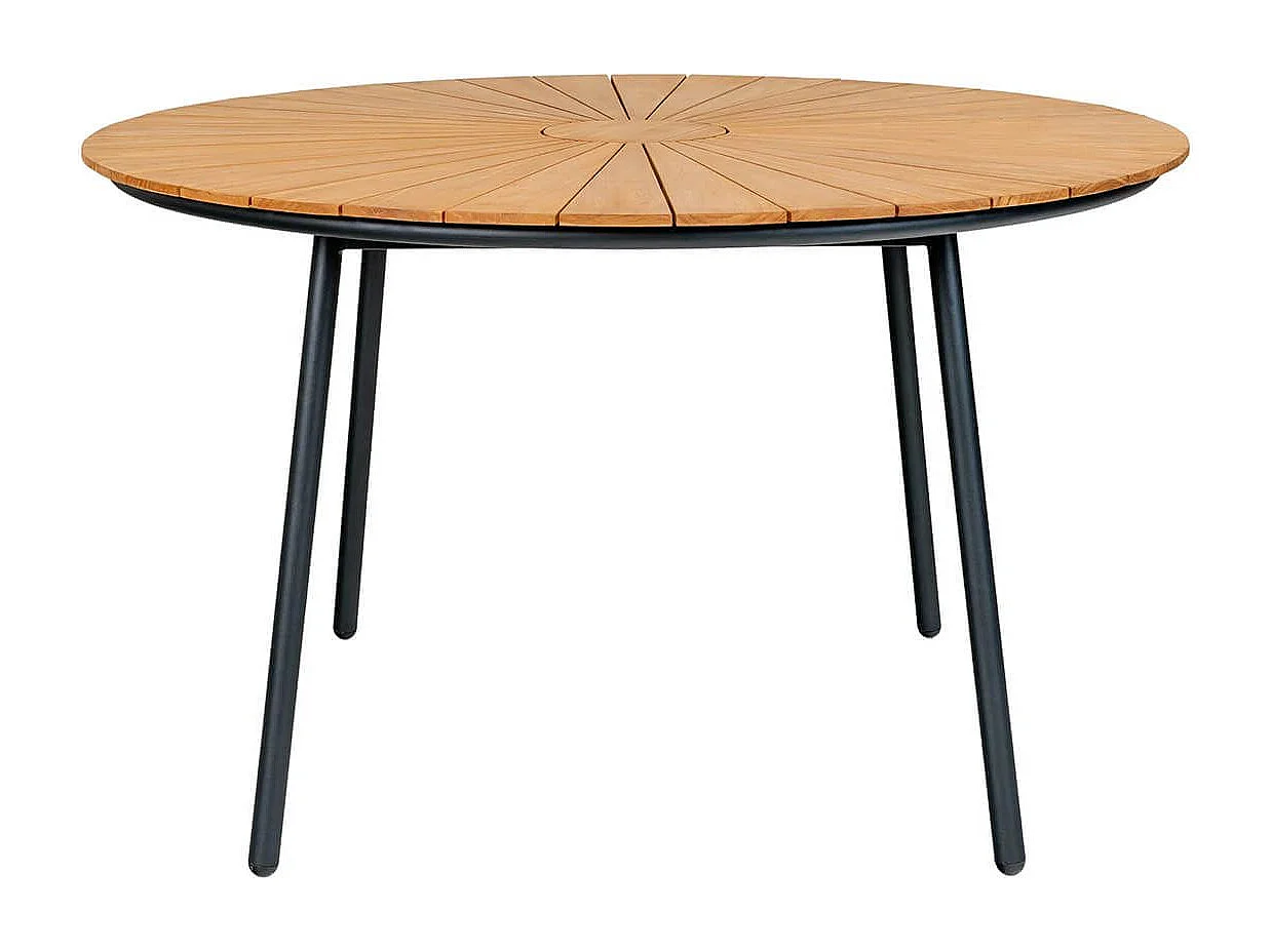 Table de jardin ronde 130cm plateau en lames de teck et pieds métal noir - KARRIGE