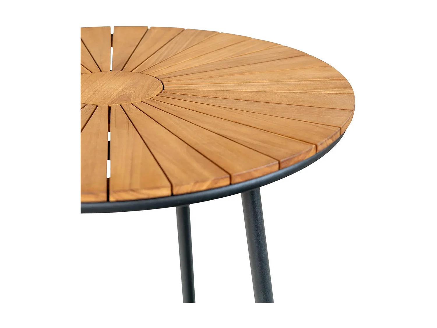 Table de jardin ronde 130cm plateau en lames de teck et pieds métal noir - KARRIGE