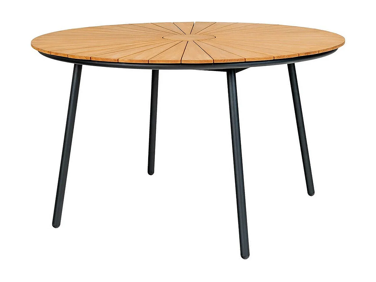 Table de jardin ronde 130cm plateau en lames de teck et pieds métal noir - KARRIGE