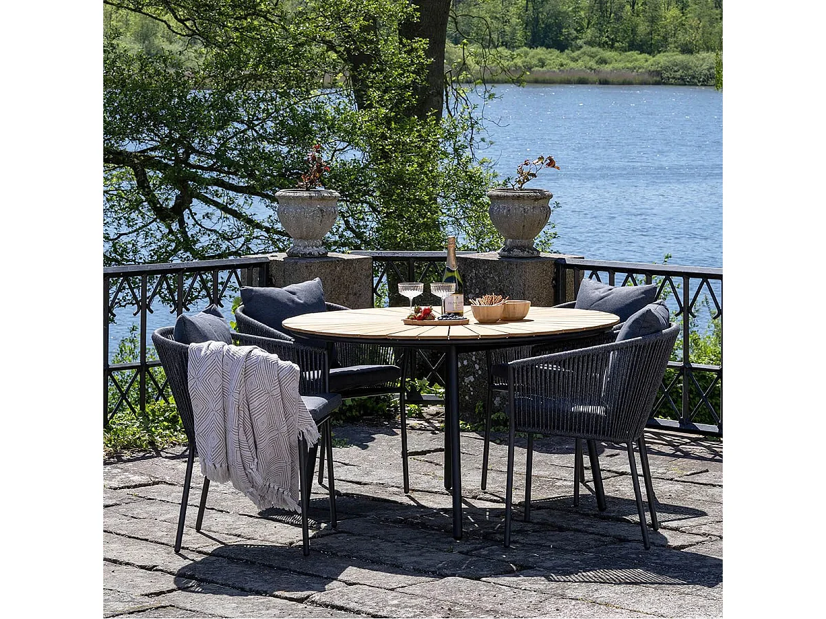 Table de jardin ronde 130cm plateau en lames de teck et pieds métal noir - KARRIGE