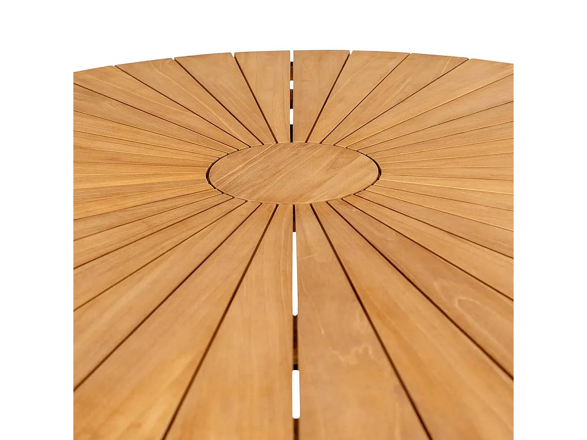 Table de jardin ronde 130cm plateau en lames de teck et pieds métal noir - KARRIGE