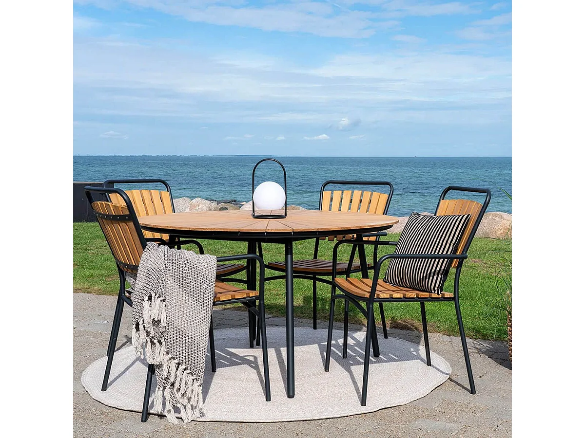 Table de jardin ronde 130cm plateau en lames de teck et pieds métal noir - KARRIGE