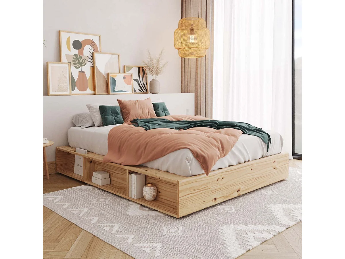 Pack lit avec rangements et matelas 140x200 cm bois massif bois naturel HOGGY