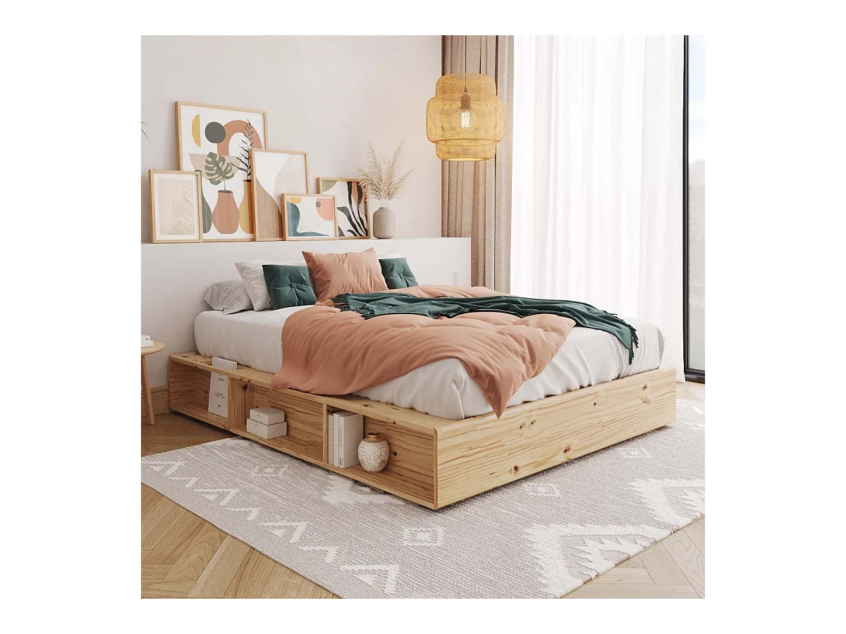 Lit avec rangements 160x200 cm bois massif bois naturel HOGGY