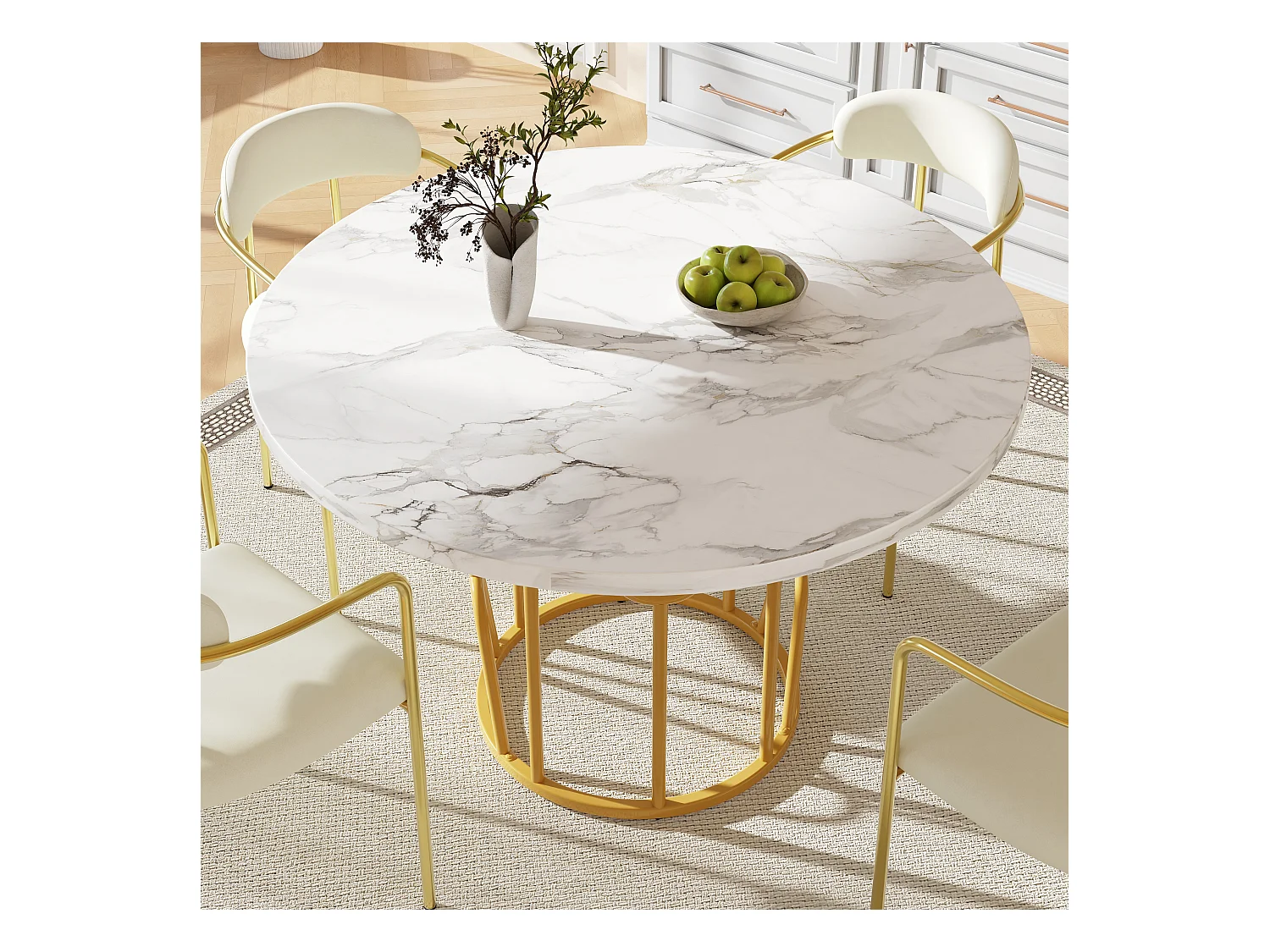 Okrągły stół jadalny dla 4-6 osób - 80 x 80 x 76 cm - , z płyty MDF marmurkowej, nogi w kolorze złotym, biały