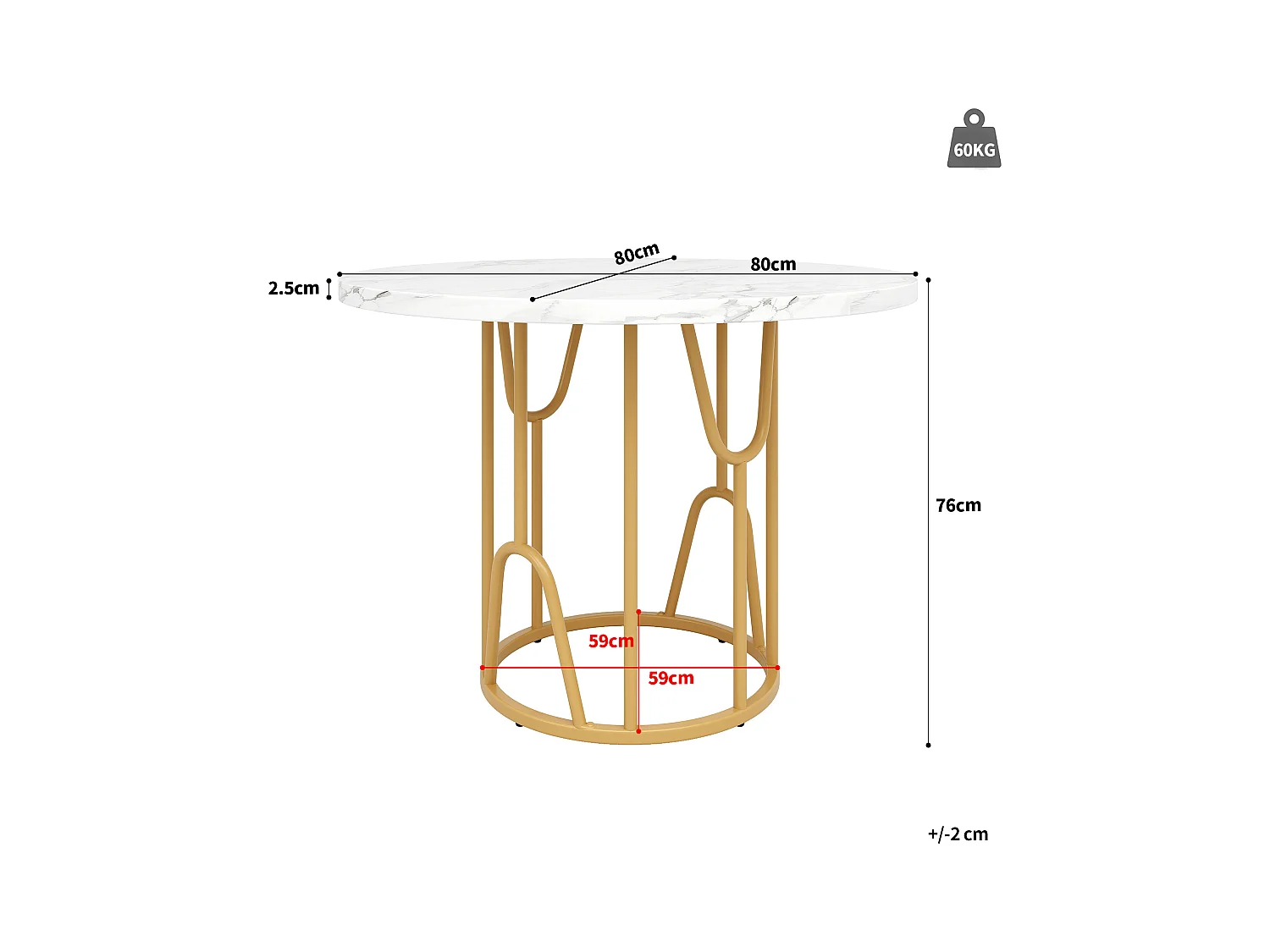 Okrągły stół jadalny dla 4-6 osób - 80 x 80 x 76 cm - , z płyty MDF marmurkowej, nogi w kolorze złotym, biały