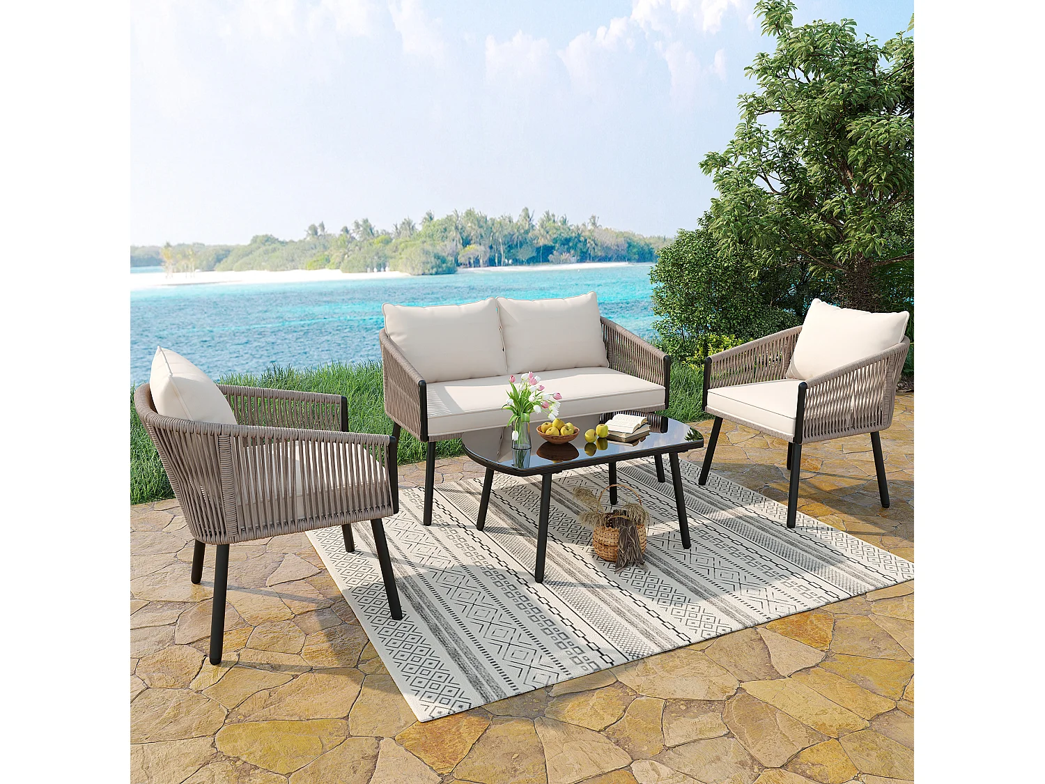 Modulaire tuinset van gegalvaniseerd staal voor 4 personen - 2-zitsbank en 2 eenpersoonsbanken + glazen salontafel - beige