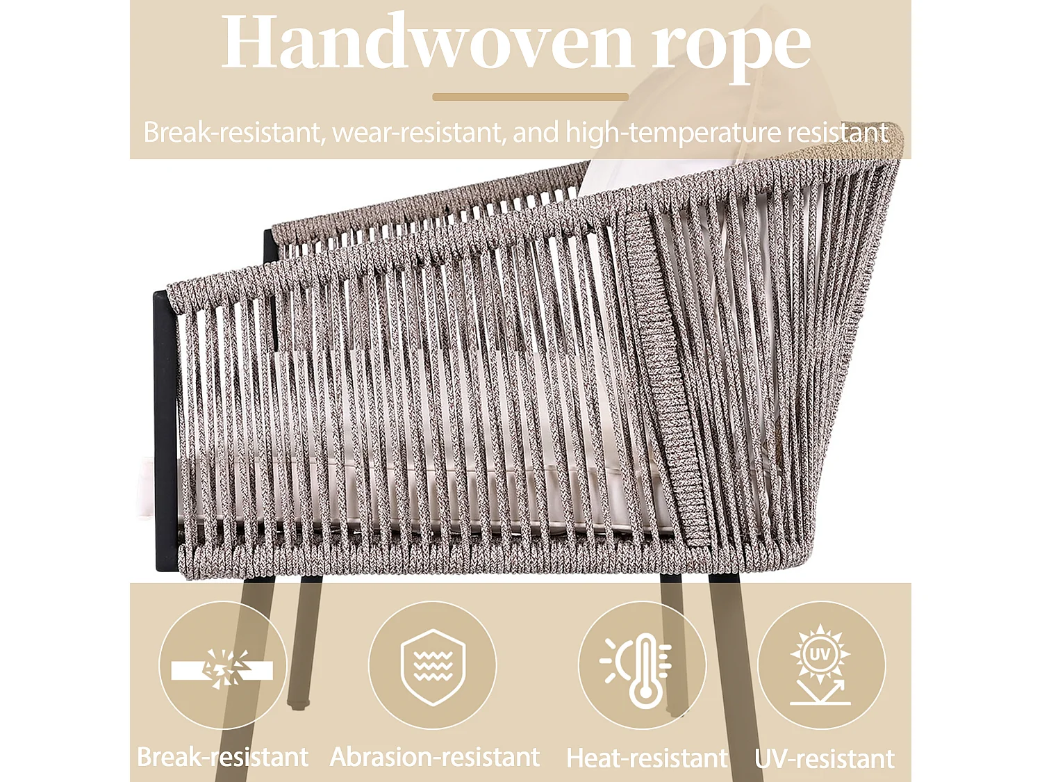 Modulaire tuinset van gegalvaniseerd staal voor 4 personen - 2-zitsbank en 2 eenpersoonsbanken + glazen salontafel - beige