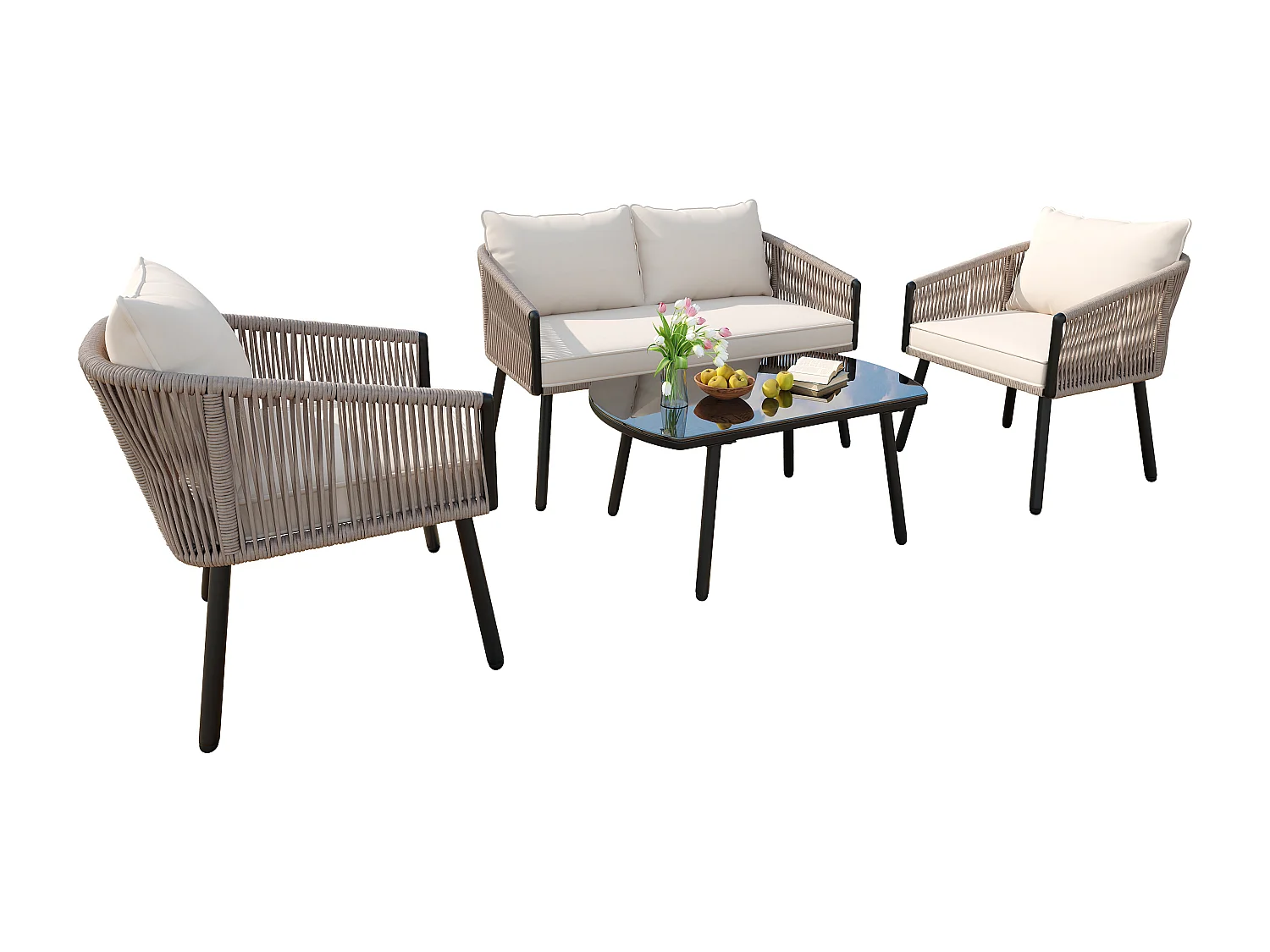 Modulaire tuinset van gegalvaniseerd staal voor 4 personen - 2-zitsbank en 2 eenpersoonsbanken + glazen salontafel - beige