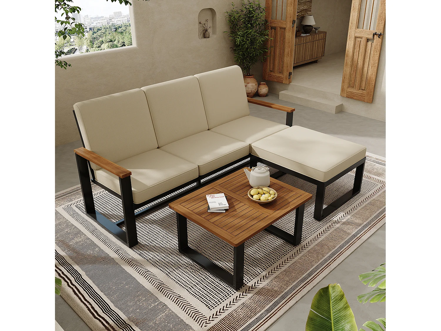 Salon de jardin modulable acier galvanisé- canapé d'angle + table bass + repose-pieds - plateau en bois d'acacia - beige