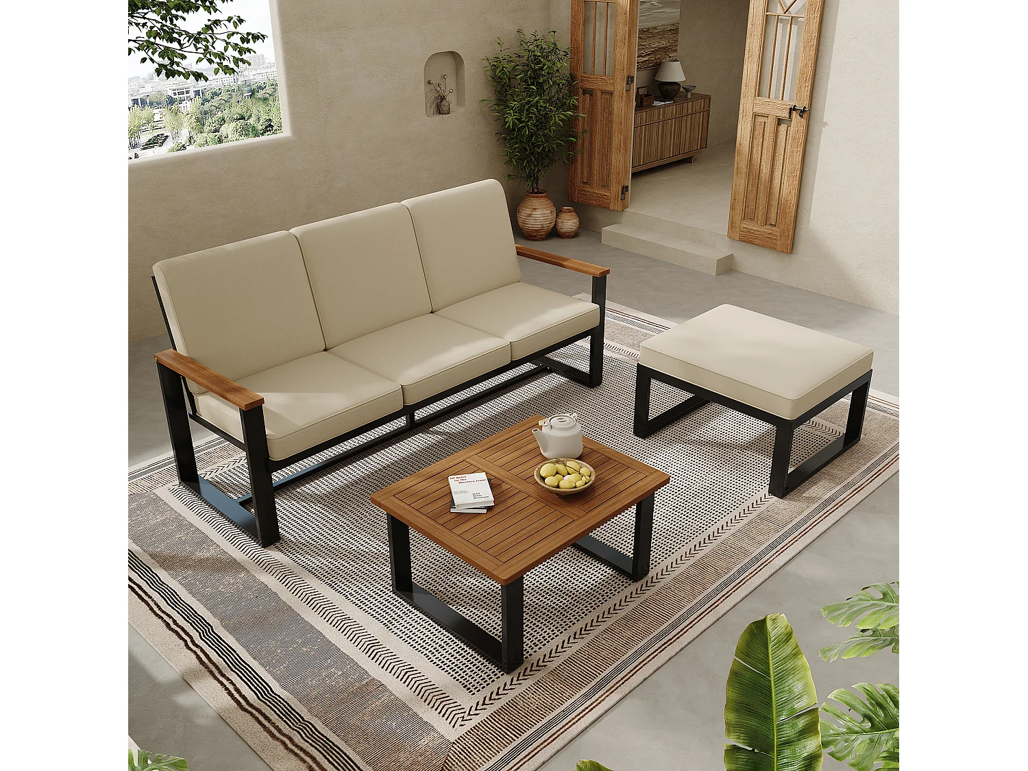 Salon de jardin modulable acier galvanisé- canapé d'angle + table bass + repose-pieds - plateau en bois d'acacia - beige