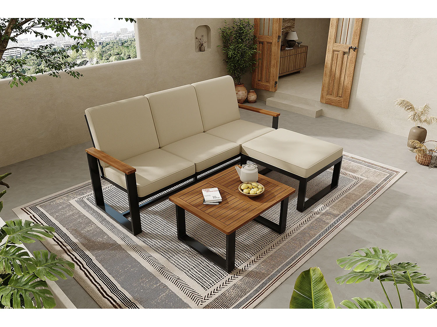 Salon de jardin modulable acier galvanisé- canapé d'angle + table bass + repose-pieds - plateau en bois d'acacia - beige