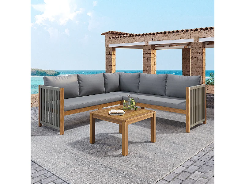 Modulaire tuinmeubelen - hoekbank + salontafel - acacia frame en blad - grijs