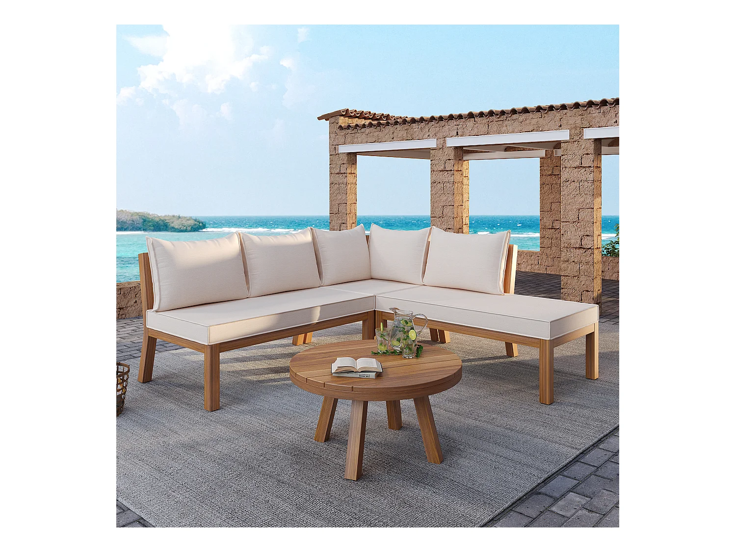 Arredo da giardino modulare - divano angolare + tavolino - struttura in legno spesso - beige