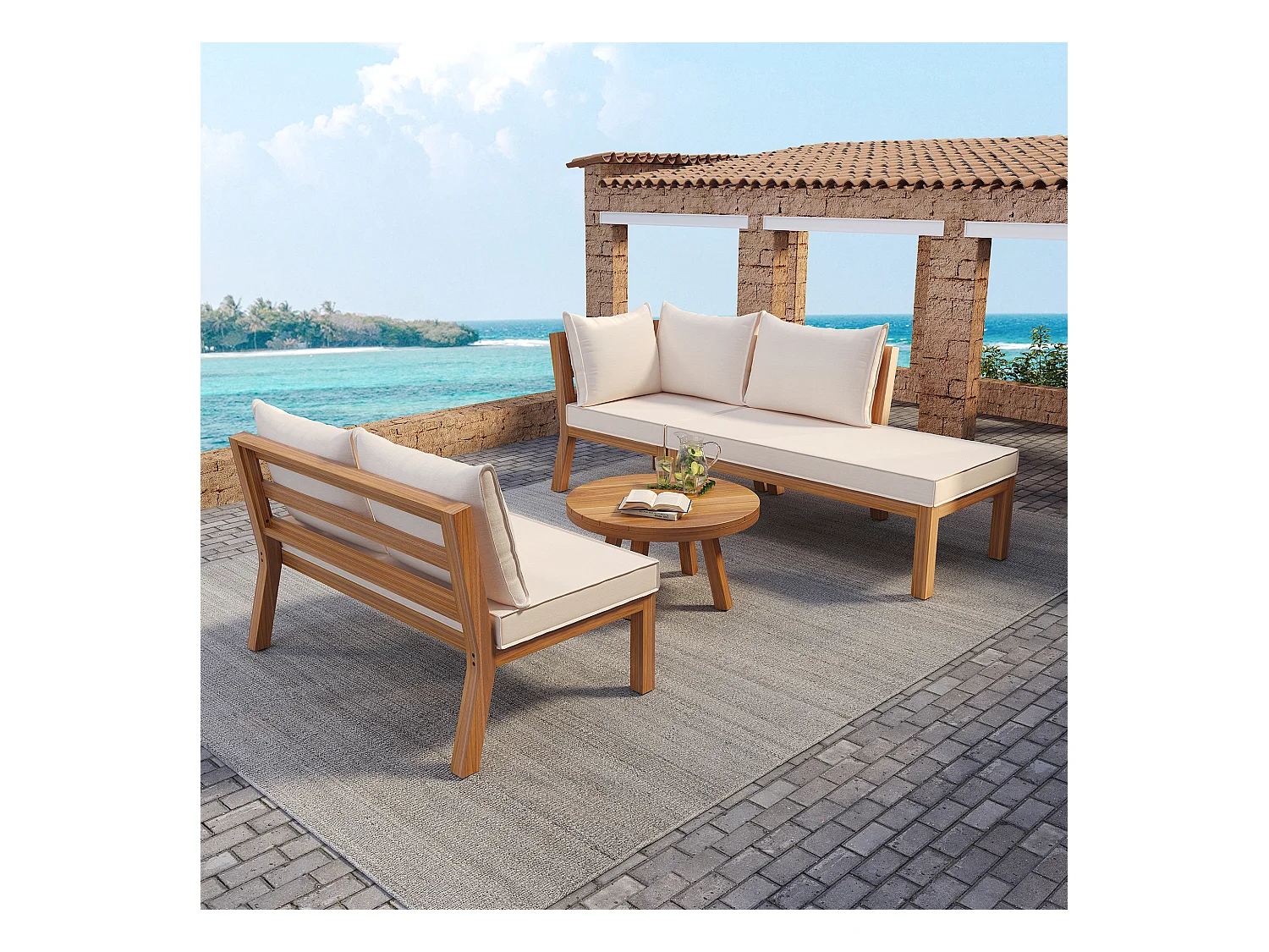 Arredo da giardino modulare - divano angolare + tavolino - struttura in legno spesso - beige