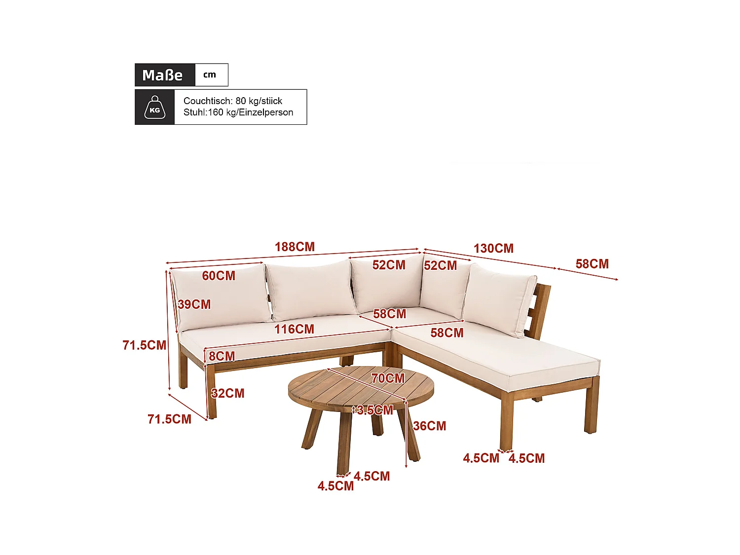 Arredo da giardino modulare - divano angolare + tavolino - struttura in legno spesso - beige