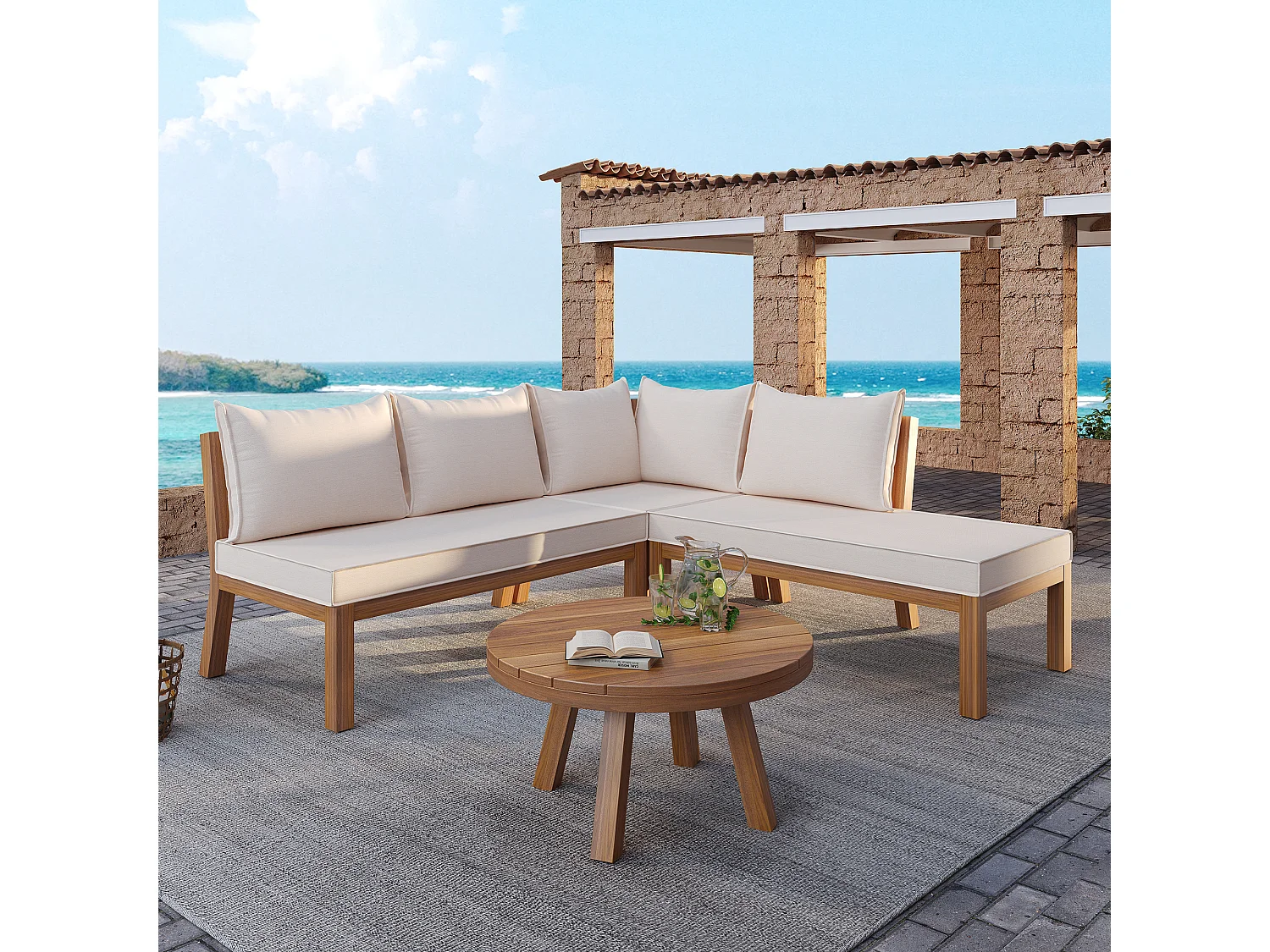 Arredo da giardino modulare - divano angolare + tavolino - struttura in legno spesso - beige
