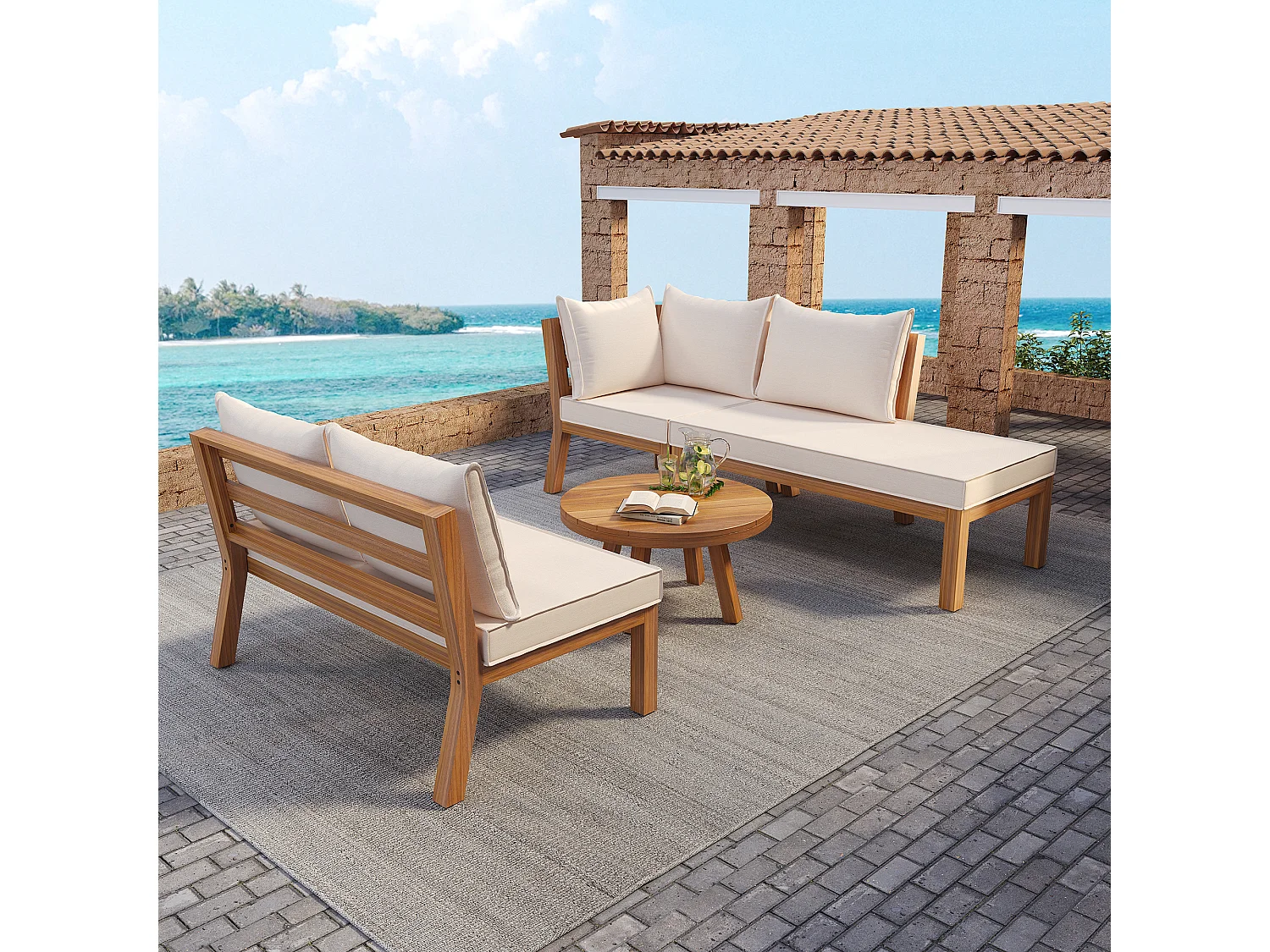 Arredo da giardino modulare - divano angolare + tavolino - struttura in legno spesso - beige