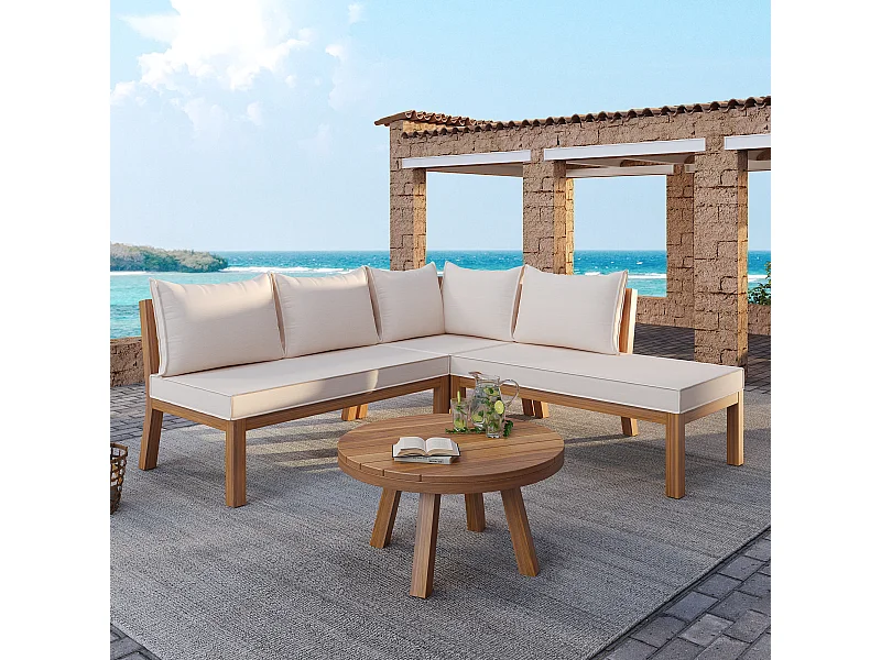 Arredo da giardino modulare - divano angolare + tavolino - struttura in legno spesso - beige